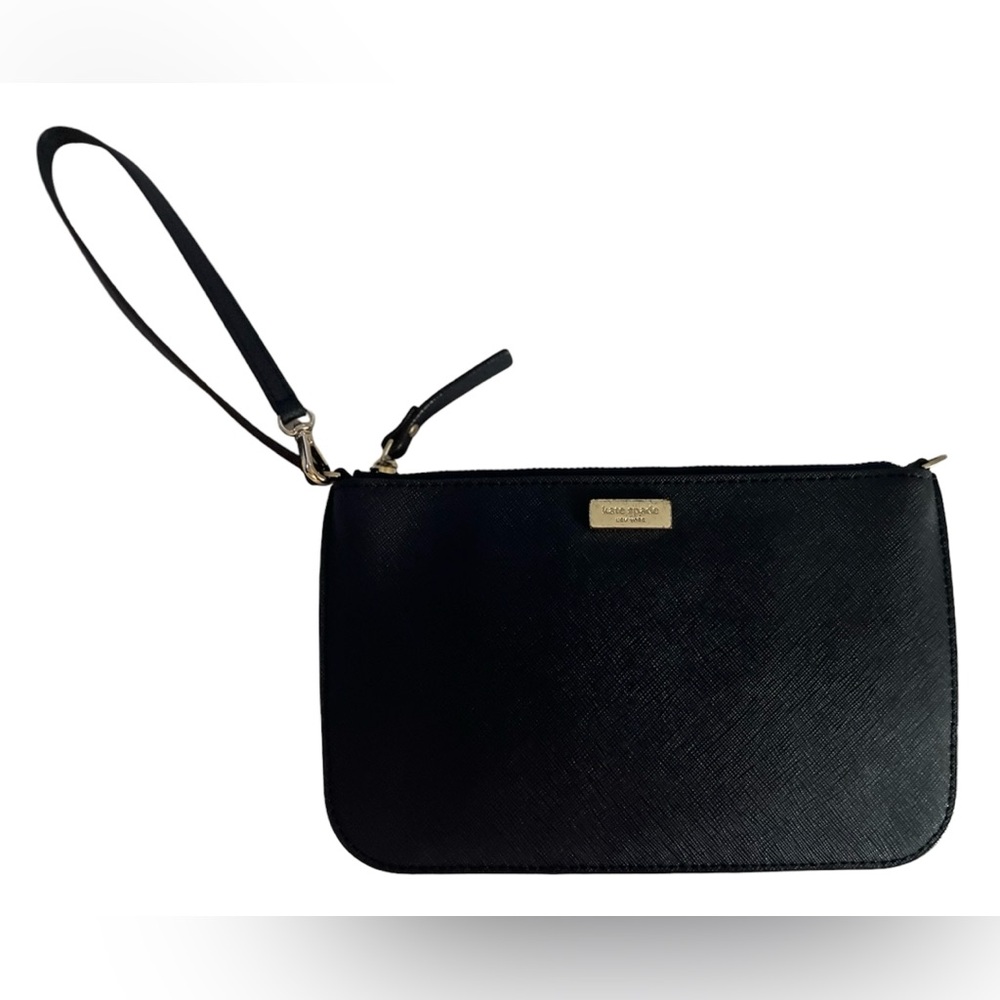 Kate Spade Women's Black Wristlet 8" Wallet Purse Cow Leather Gold Hardware